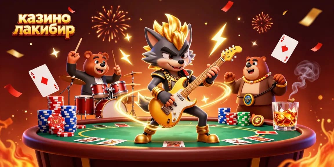 Experience excitement at казино лакибир with a rock star wolf and energetic bear in a vibrant casino scene.