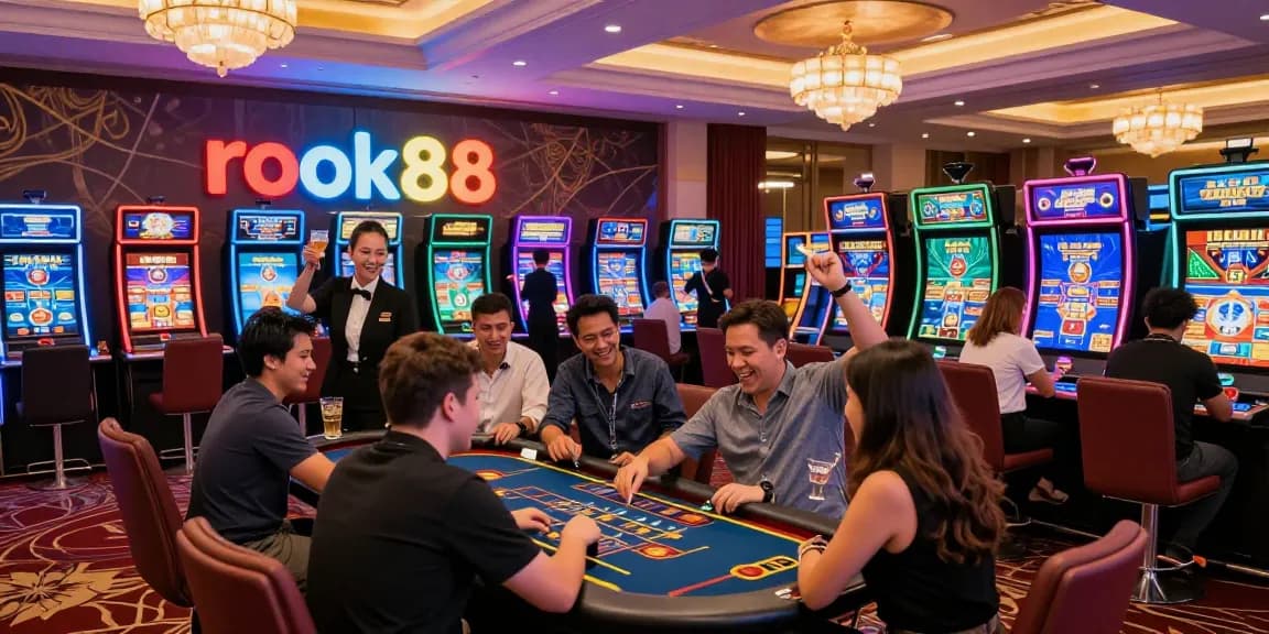 Excited players enjoying rokok88 super games in a vibrant casino atmosphere.