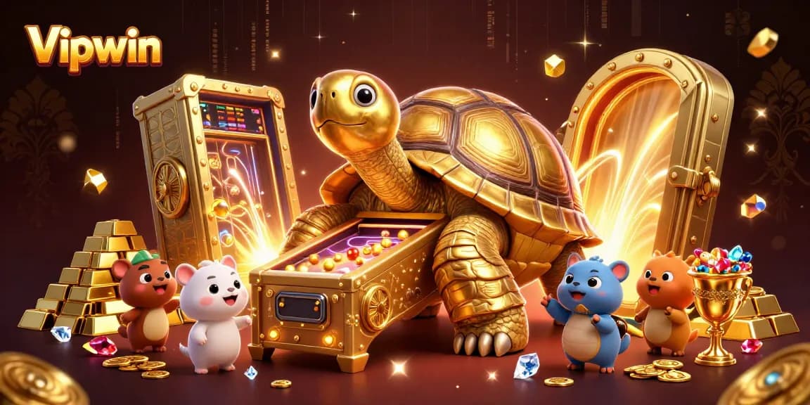 Experience thrilling gaming at Vipwin with vibrant golden tortoise and treasure elements.