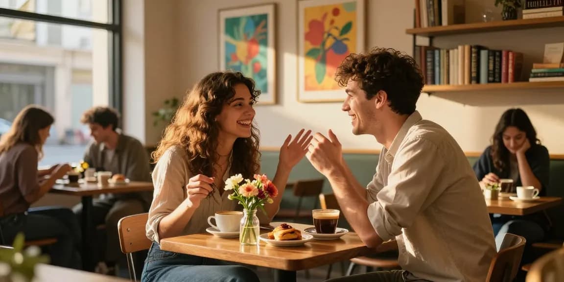 Couple sharing laughter over coffee, showcasing the charm of having a crush on someone special.