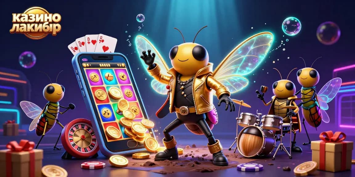 Engage with the vibrant world of казино лакибир through a thrilling illustration of a rockstar cicada and a lively casino scene.