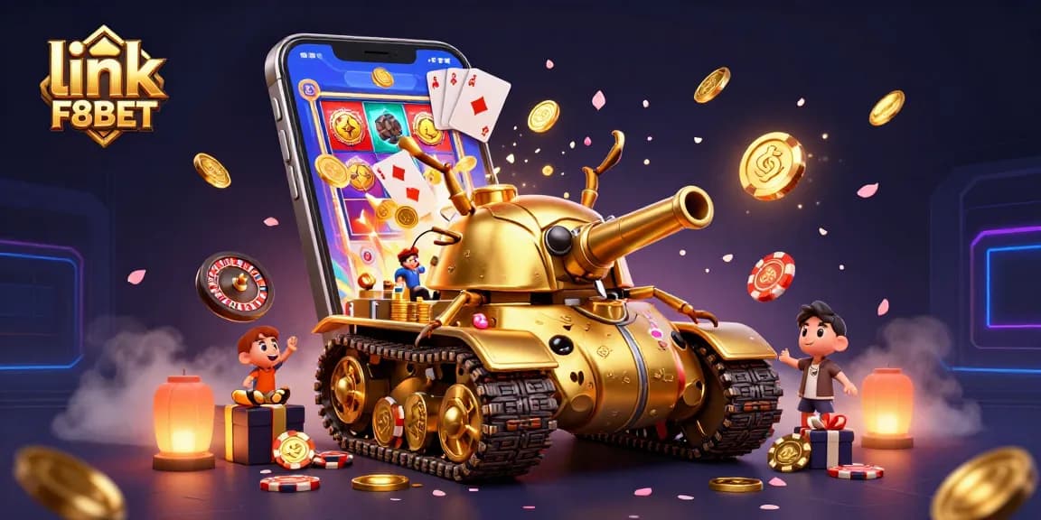 Experience the thrill of link F8BET with a dynamic casino scene featuring golden beetle tank and vibrant game elements.