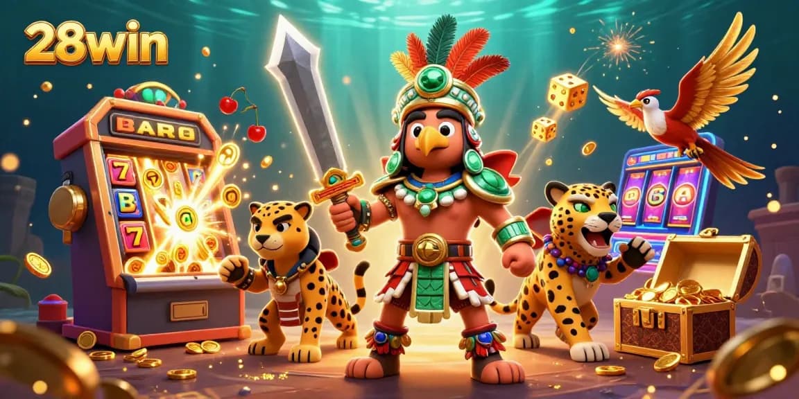 Experience 28win with a stunning 3D illustration showcasing vibrant casino elements and dynamic characters.