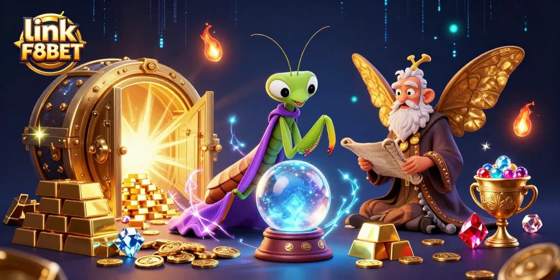 Experience the magic of link F8BET's online casino world with vibrant 3D illustrations and lucky game symbols.