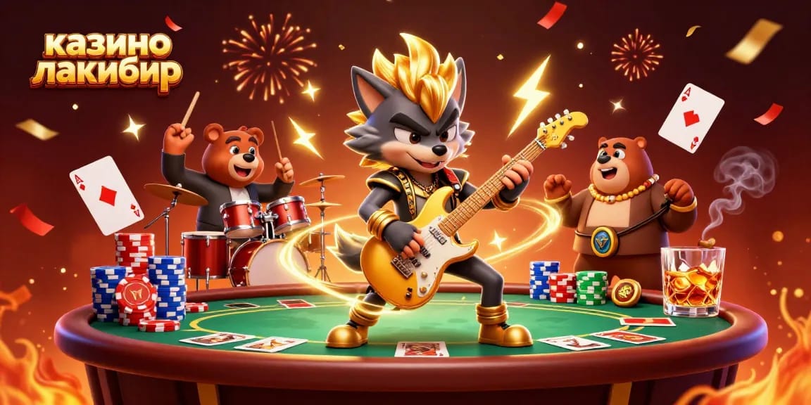 Experience excitement at казино лакибир with a rock star wolf and energetic bear in a vibrant casino scene.