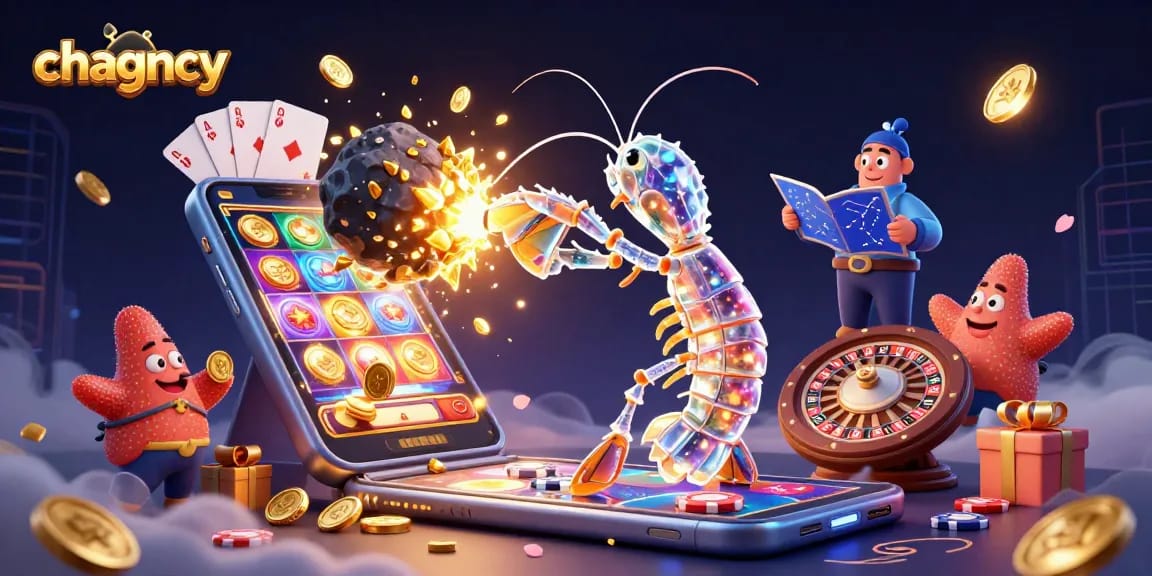 Chagency showcases a 3D cartoon mantis shrimp amidst exploding casino symbols for a thrilling gaming experience.