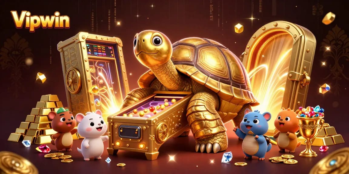 Experience thrilling gaming at Vipwin with vibrant golden tortoise and treasure elements.