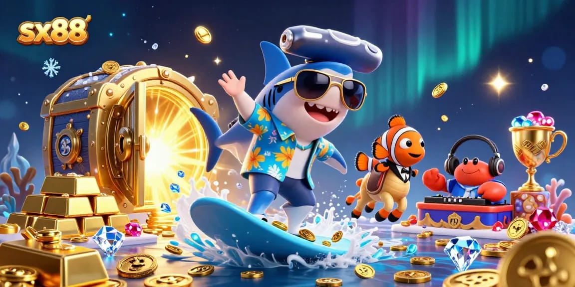 Experience the excitement of sx88 as you surf gold coins with vibrant casino characters and treasures.