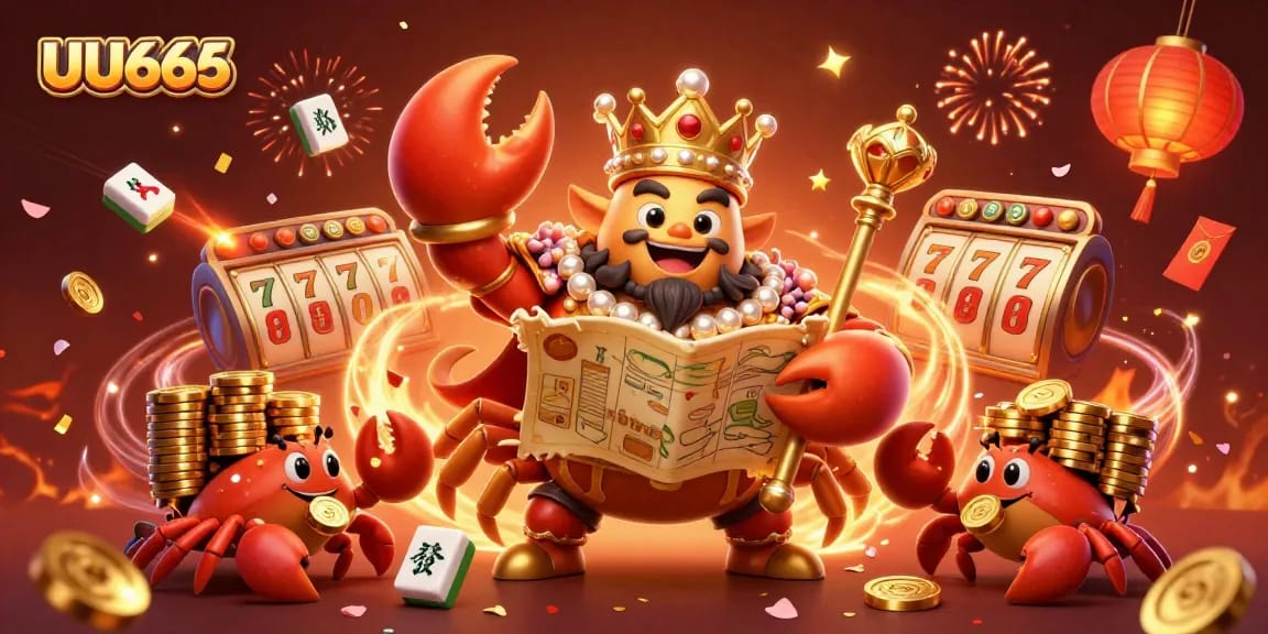 Experience the thrilling world of slots with UU666, featuring an enchanting golden crab emperor and treasure map amidst vibrant gaming elements.