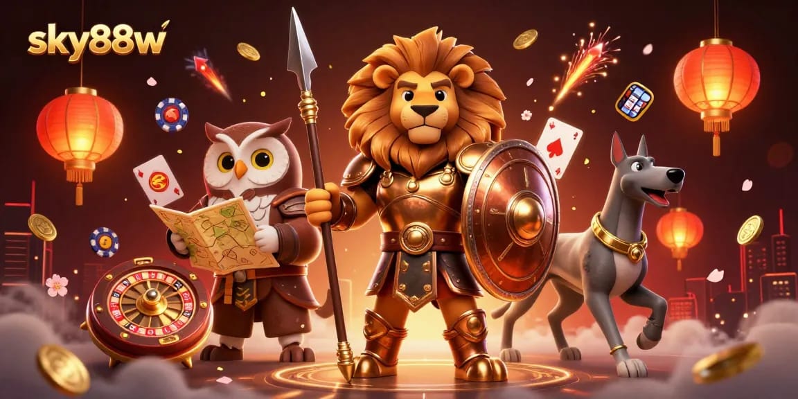 Experience thrilling gameplay at sky88w with poker and roulette action in a vibrant casino illustration.