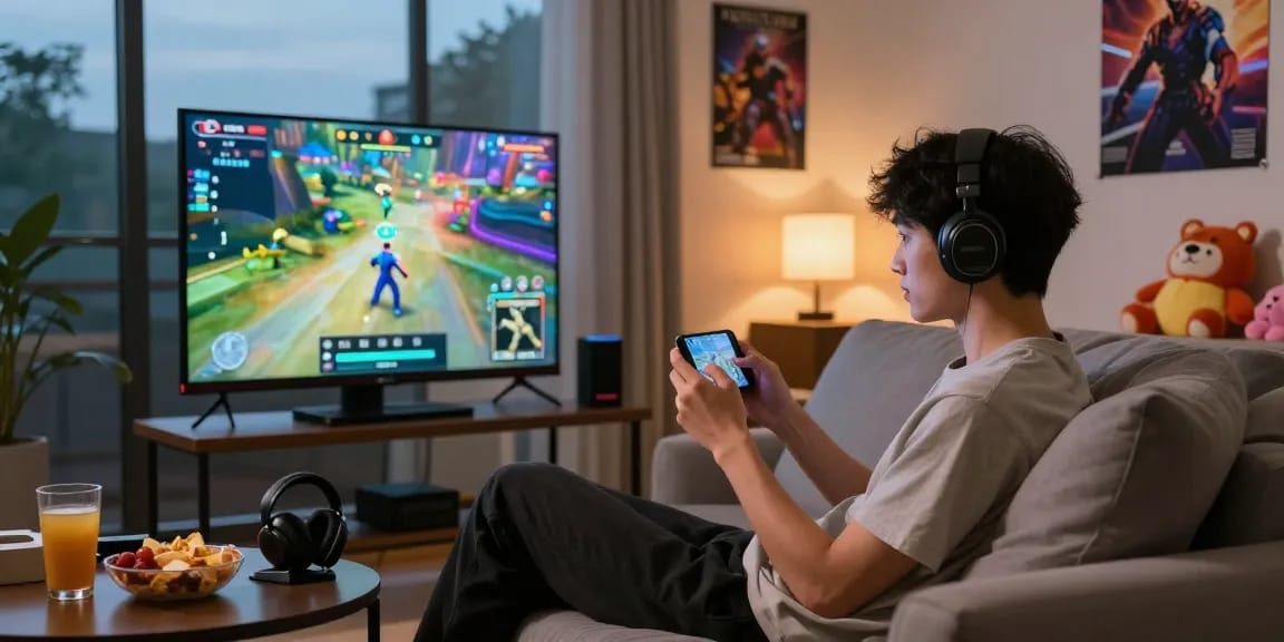 Mobile gaming scene showcasing rokok88 with a gamer engaged and vibrant graphics