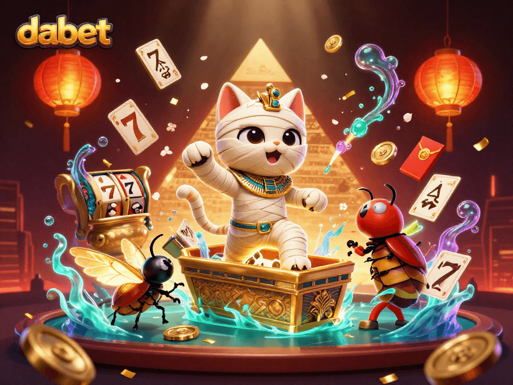 dabet's lively 3D illustration depicts a mummy cat amidst slot reels, embodying thrilling casino excitement.