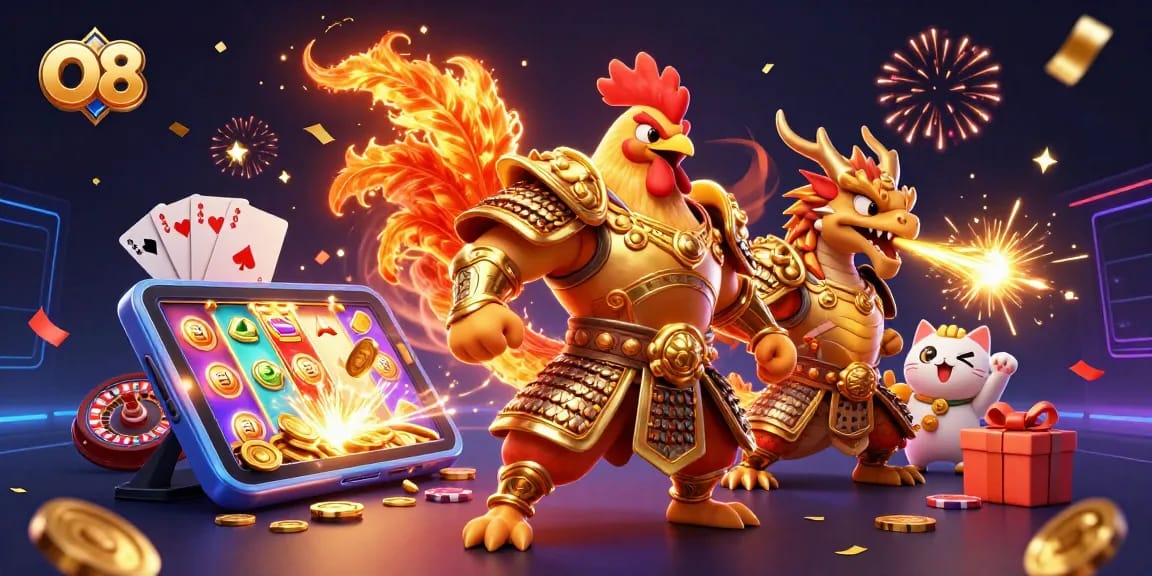 Explore thrilling casino action with O8's dynamic characters and vibrant game elements.