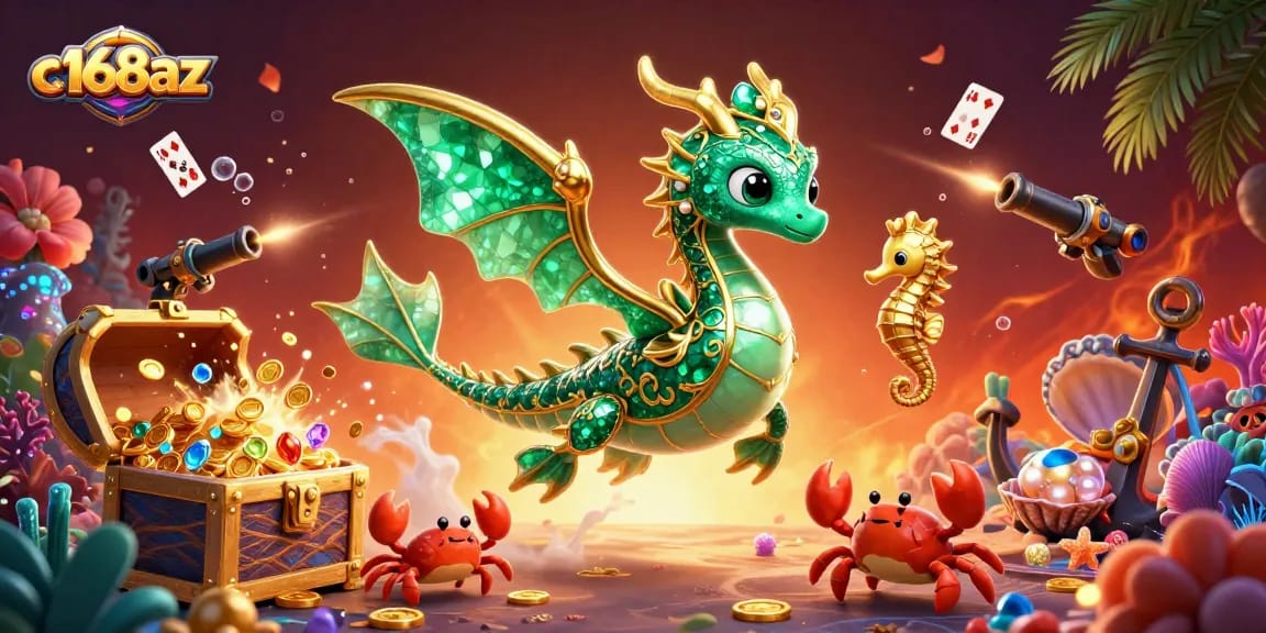 Experience the thrill of c168az with a dazzling underwater scene featuring a sea dragon and treasure chest surrounded by sparkling gems.