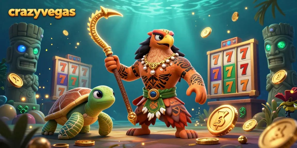 Play exciting slots at crazyvegas with a dynamic 3D scene featuring vibrant slot reels and tribal characters.