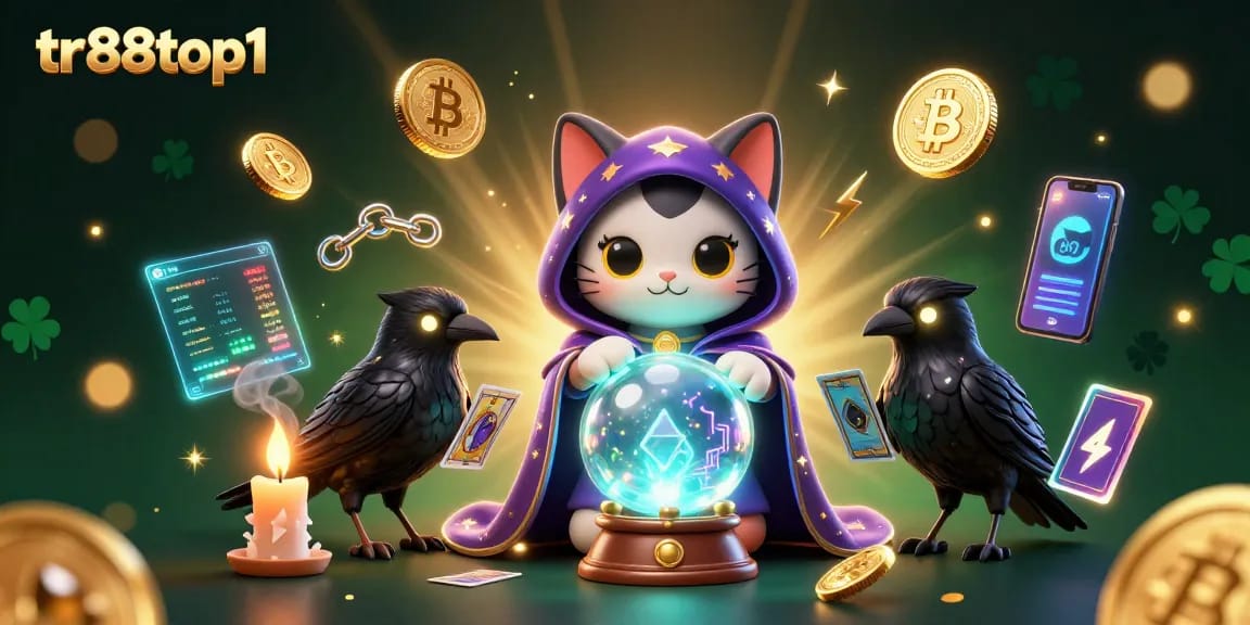 Experience thrilling gaming at tr88top1 with a mystical cat, tarot raven, and crypto elements.