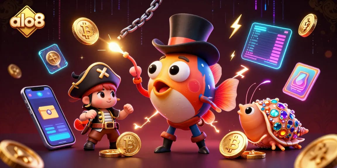 Engage with the vibrant world of alo8 through this colorful 3D casino illustration featuring unique sea creatures combined with crypto elements.
