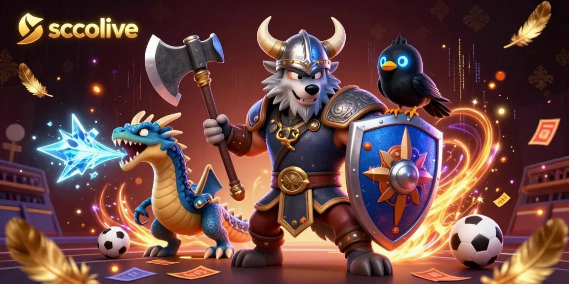 Socolive sports betting scene displaying a Viking wolf warrior with dragon and accessories amidst vibrant dynamics.