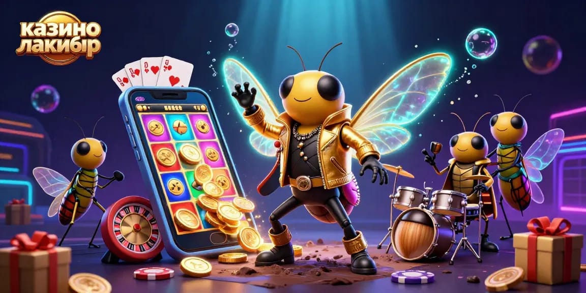 Engage with the vibrant world of казино лакибир through a thrilling illustration of a rockstar cicada and a lively casino scene.