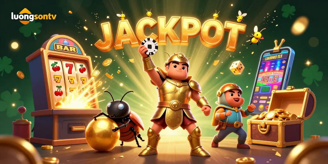 Experience thrilling wins with luongsontv's vibrant jackpot illustration featuring fun characters and dynamic gaming elements.