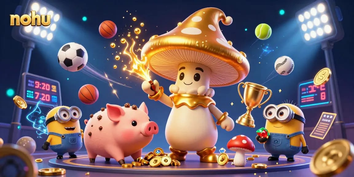 Bet on nohu as a dynamic golden mushroom wizard channels magic, amidst vibrant sports elements for thrilling gaming.