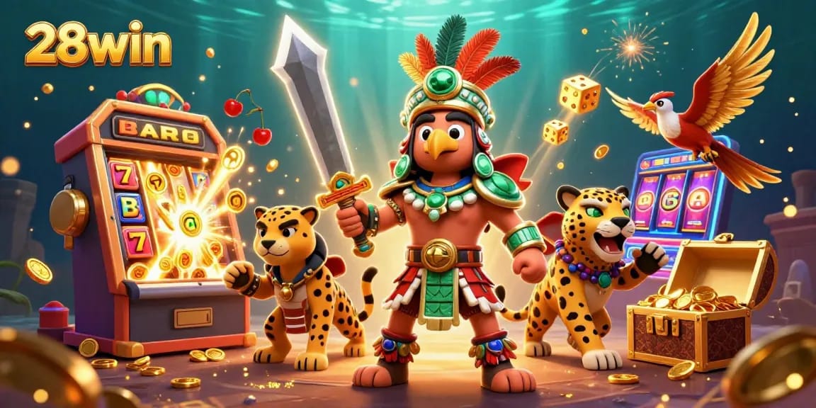 Experience 28win with a stunning 3D illustration showcasing vibrant casino elements and dynamic characters.
