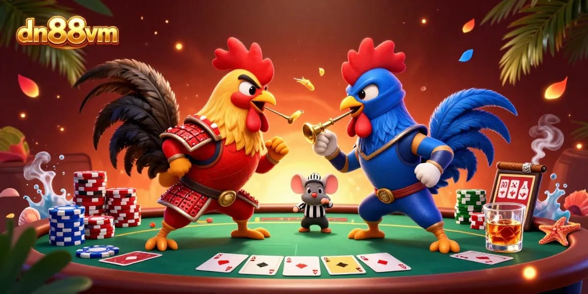 Experience thrilling action at dn88vm featuring 3D roosters battling in a colorful casino setting