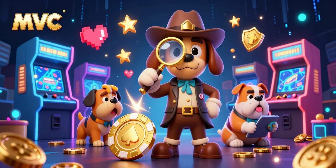 Detective bloodhound and bulldog uncovering treasures at MVC poker chips in a vibrant casino scene.