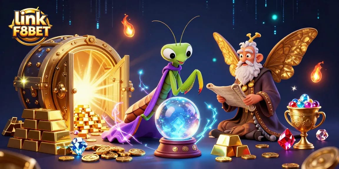 Experience the magic of link F8BET's online casino world with vibrant 3D illustrations and lucky game symbols.