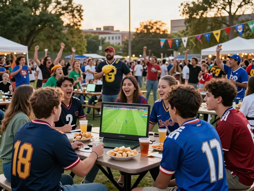Excited crowd enjoying gà vàng tv live football match outdoors.
