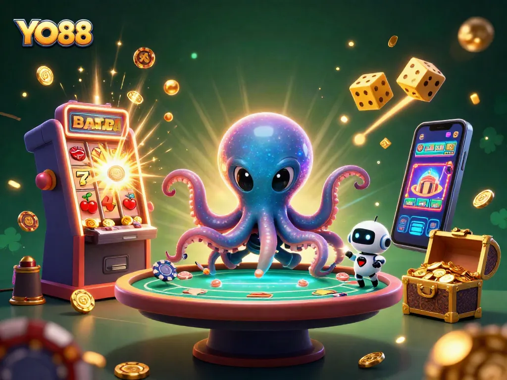 Experience YO88's vibrant casino excitement through a dynamic alien octopus and robot at a holographic poker table.