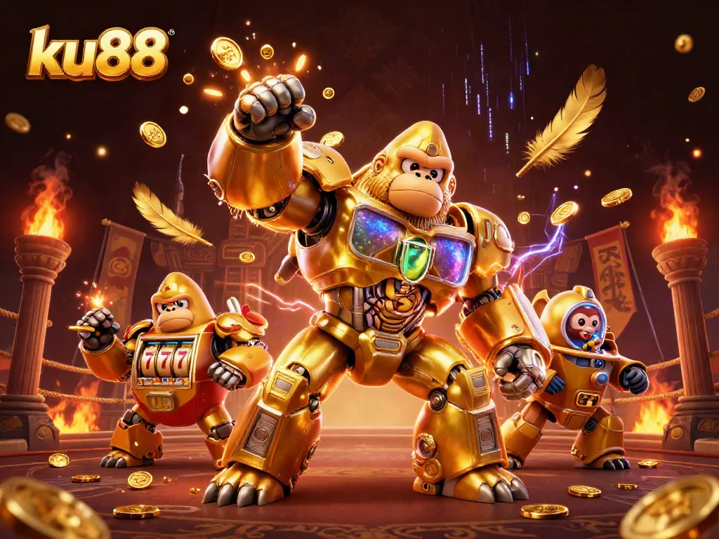 ku88 showcases thrilling gold coins as a golden gorilla mech bursts forth, exciting action in a casino environment.