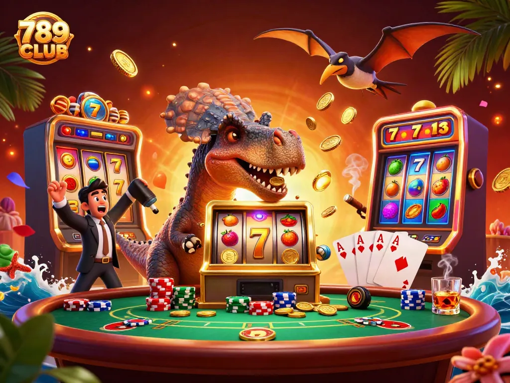 Experience the excitement of 789CLUB as a cartoon dinosaur celebrates a slot jackpot.