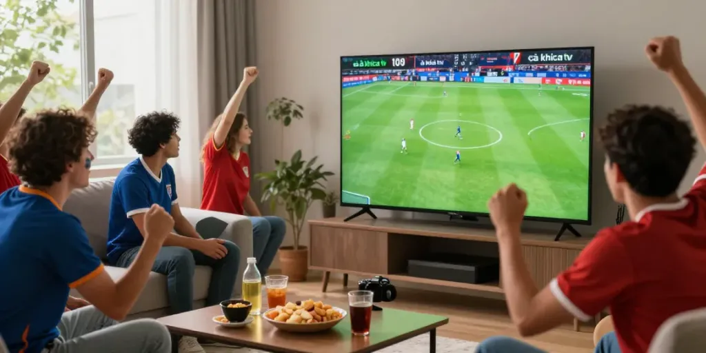 Cheering fans in vibrant jerseys enjoying soccer from cà khịa tv in a lively living room, creating an excited atmosphere.