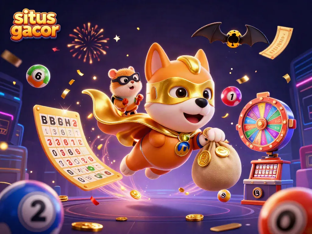 Experience the excitement of situs gacor with a superhero dog flying through a magical casino scene filled with winning elements.