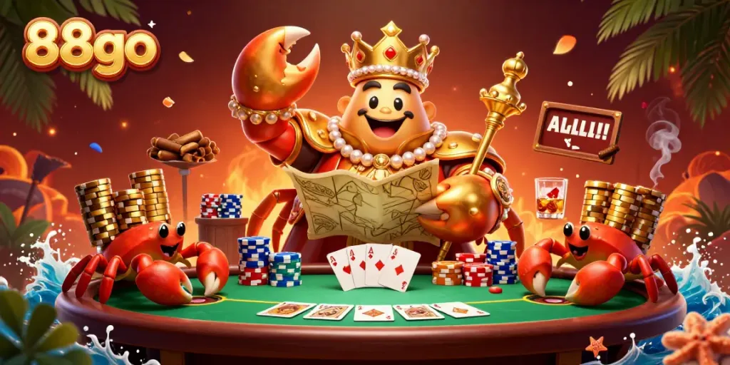 Engage with 88go in a vibrant, dynamic casino scene featuring a golden crab emperor and riches.