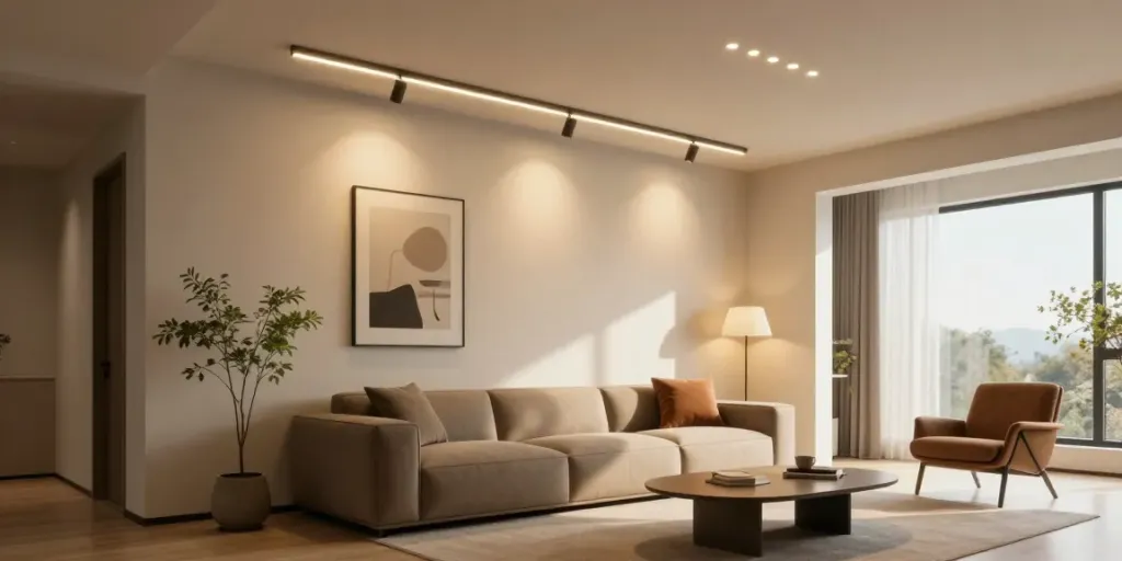 Iluminat modern cu sina magnetică într-un interior elegant