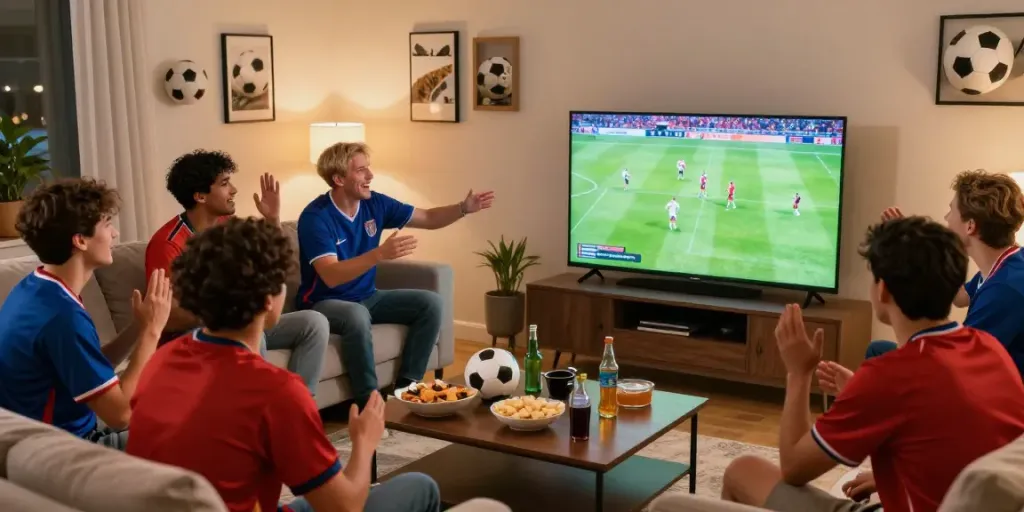 Friends enjoying a match on xôi lạc tv in a cozy living room, filled with excitement and snacks.