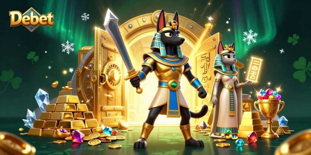 Experience the excitement of Debet with a vibrant 3D casino illustration featuring Anubis and Bastet.
