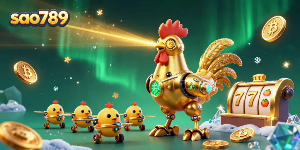 Shoot laser patterns with a golden rooster robot and baby chick drones in the vibrant sao789 casino scene.