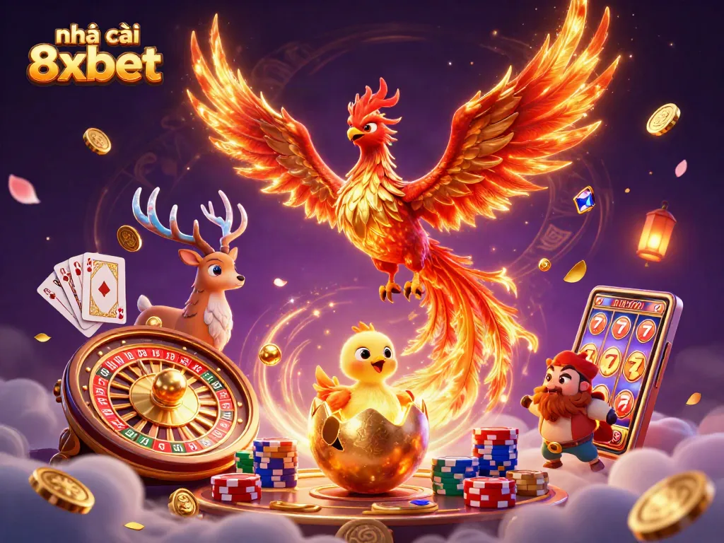 Engage in thrilling gaming with nhà cái 8xbet while watching a phoenix soar among coins and roulette wheels.