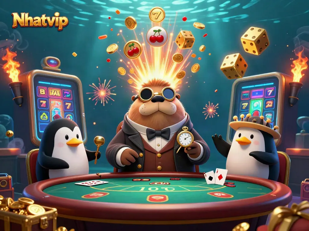Nhatvip players enjoying underwater poker with a walrus and penguin, explosive jackpot scene.