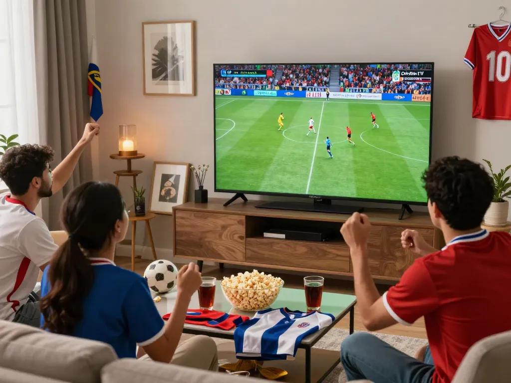Cà Khịa TV viewing party in a lively living room, friends enjoying live football match.