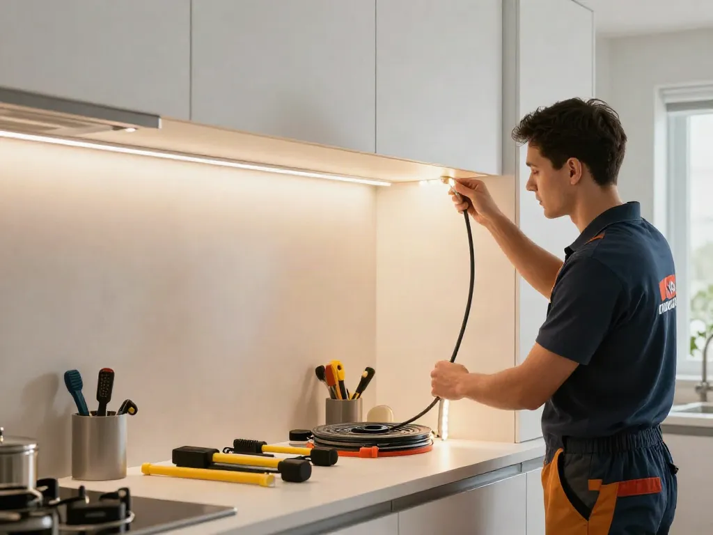 Banda LED instalată de un contractor profesionist, iluminând un spațiu modern și atractiv.