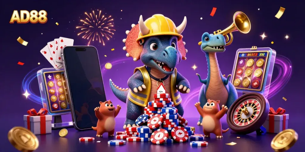 Experience the thrill of AD88 gaming with vibrant celebration elements, poker chips, and a colorful slot game scene