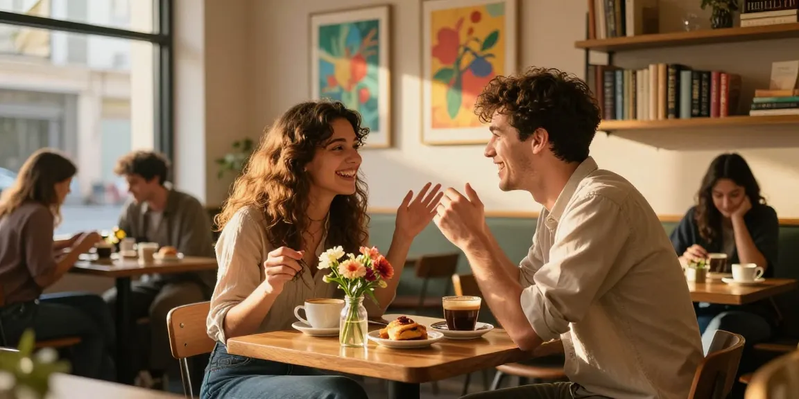 Couple sharing laughter over coffee, showcasing the charm of having a crush on someone special.
