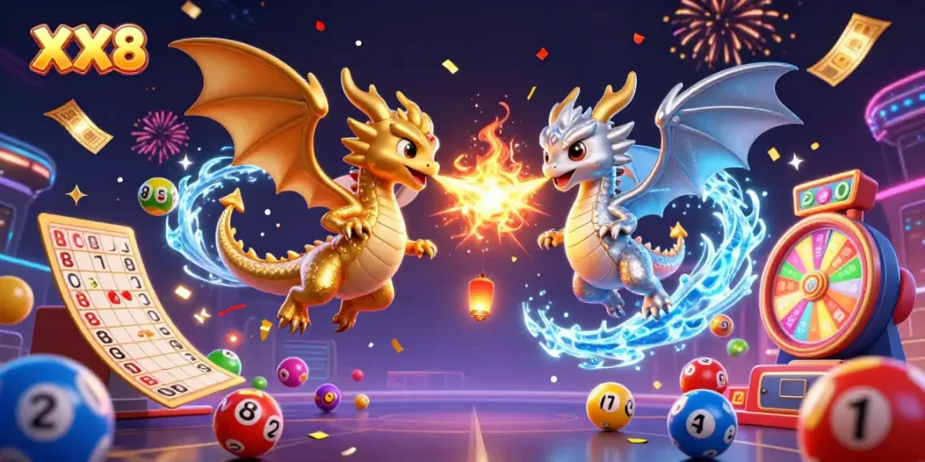 Engage with thrilling casino action at XX8 with fiery dragons, lottery elements and vibrant visuals.