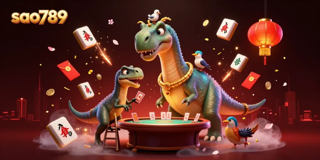 Sao789 casino scene with cartoon characters and colorful gambling elements in a vibrant setting.