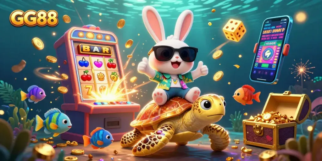 Spin and win at GG88 with an exciting cartoon scene of a lucky rabbit and treasures in a vibrant casino.