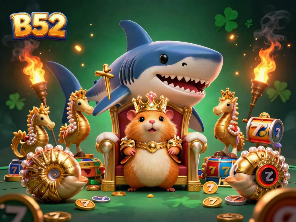 B52 delivers thrilling casino action with a tiny golden hamster king on his throne amid vibrant slot reels.